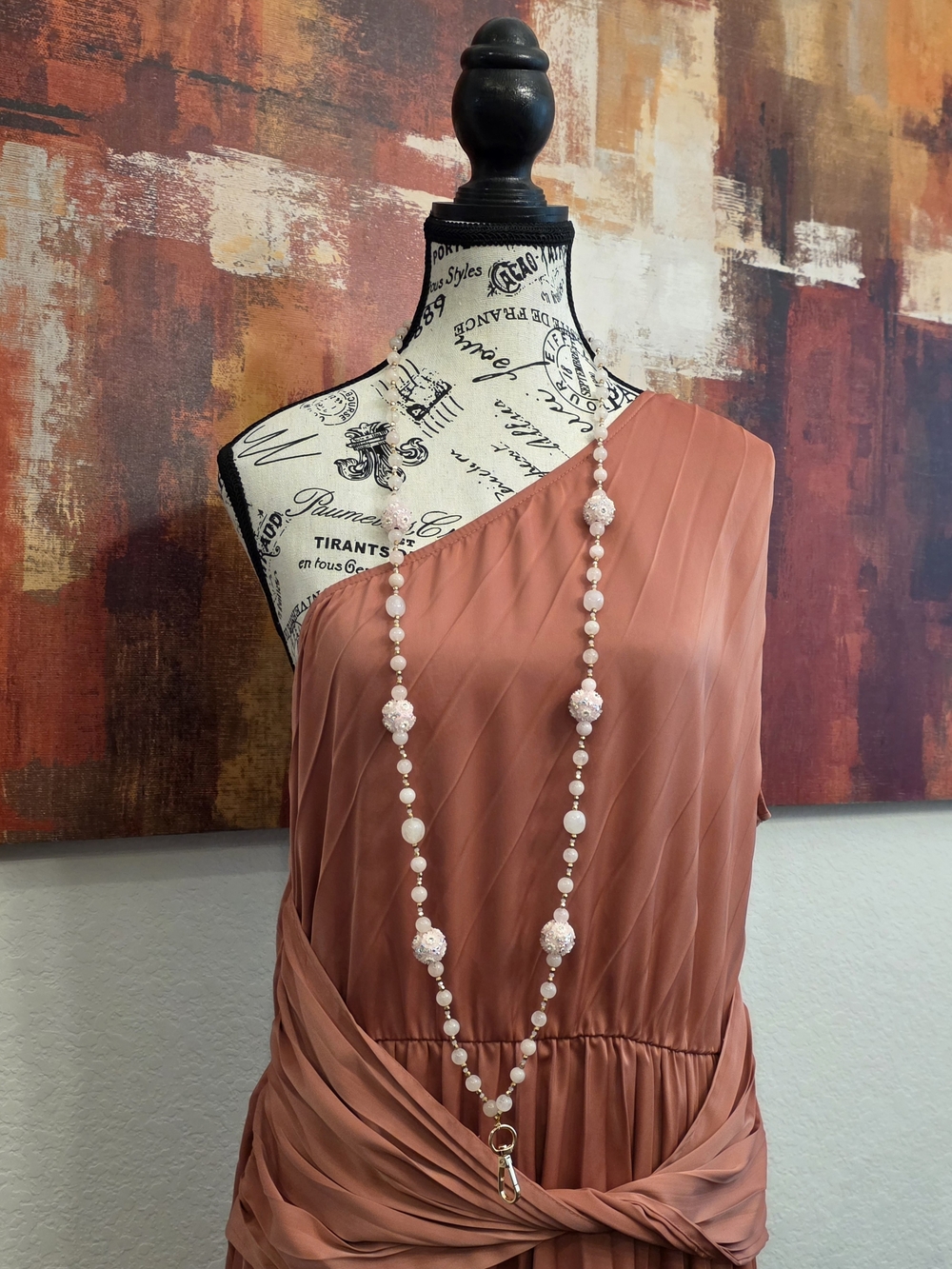 Rose Quartz Lanyard with Rhinestone-Studded Floral Beads